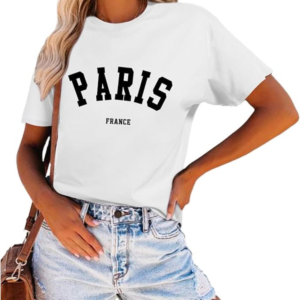 White Tee Black Embroidery Text Print Shirt Short Sleeve Drop Shoulder Oversized